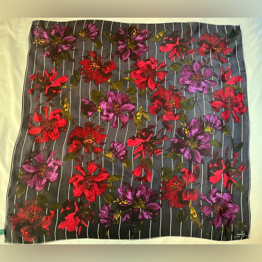 Lauren Ralph Lauren 35” Silk Scarf Black White striped Floral